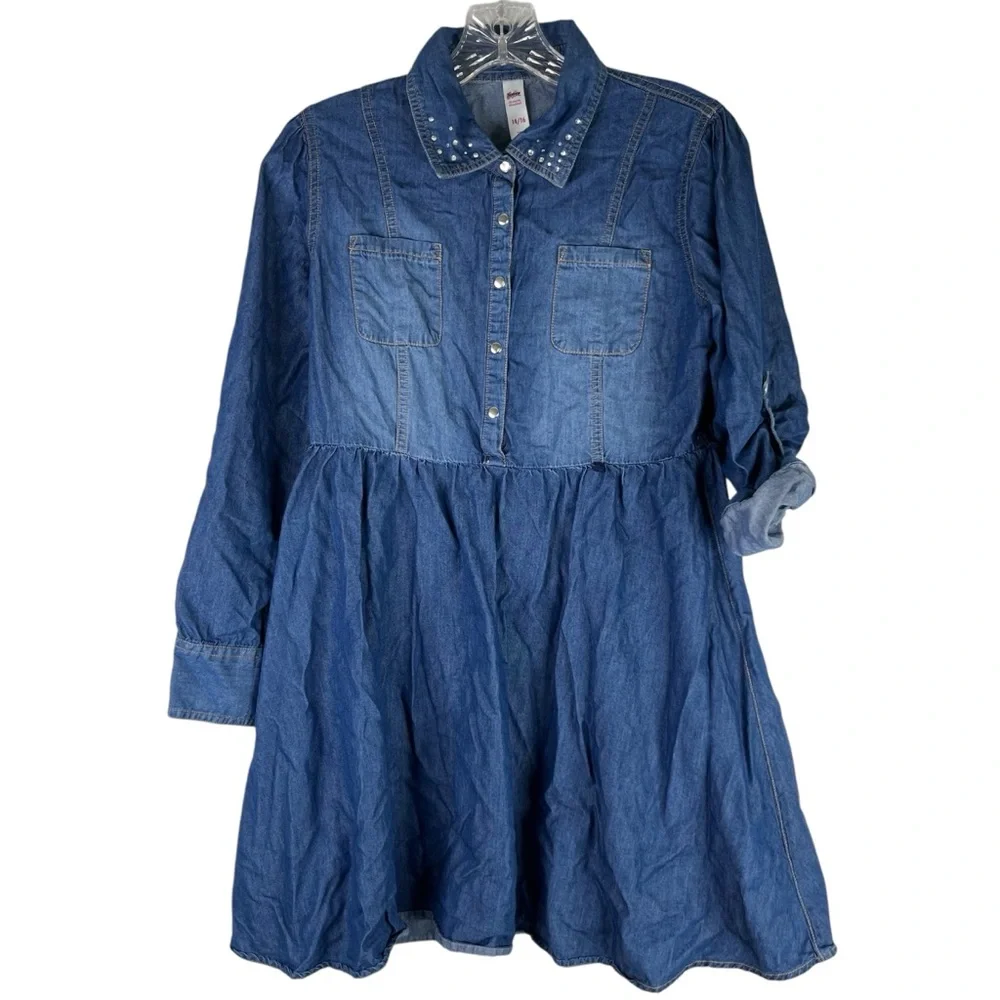 Justice Dress Girls 14/16 Blue Denim Chambray Embellished‎ Collar Roll Up Sleeve